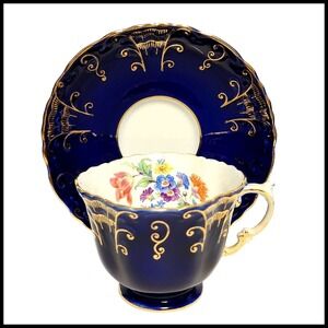 Aynsley England Bone China Cobalt Blue Floral Teacup Saucer Set Royal Gold Trim‎
